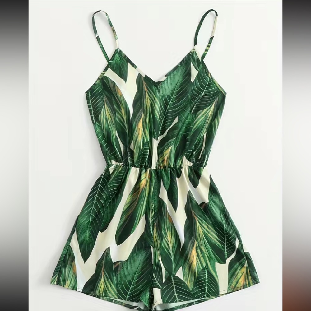 Tropical Print V-neck Cami Romper Jumpsuit NWT Size Large